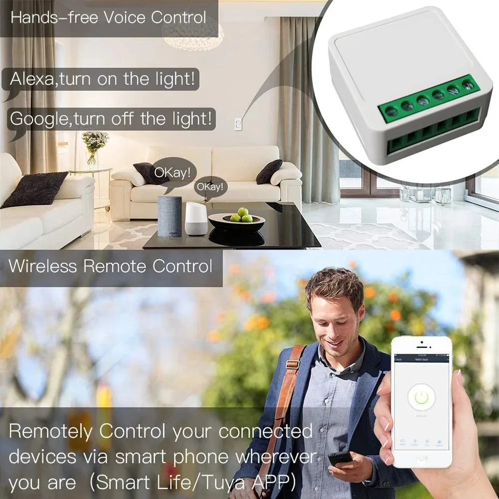 Works With Tuya APP 16A WiFi Smart Switch Module 2-way Control Mini Switch Breaker Smart Life Work With Alexa Google Alice