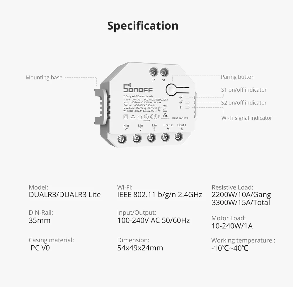 Itead SONOFF DualR3 Smart Wifi Switch 2 Way Control DIY MINI Switch Power Metering 2 Gang Voice Control Via Alexa Google Home