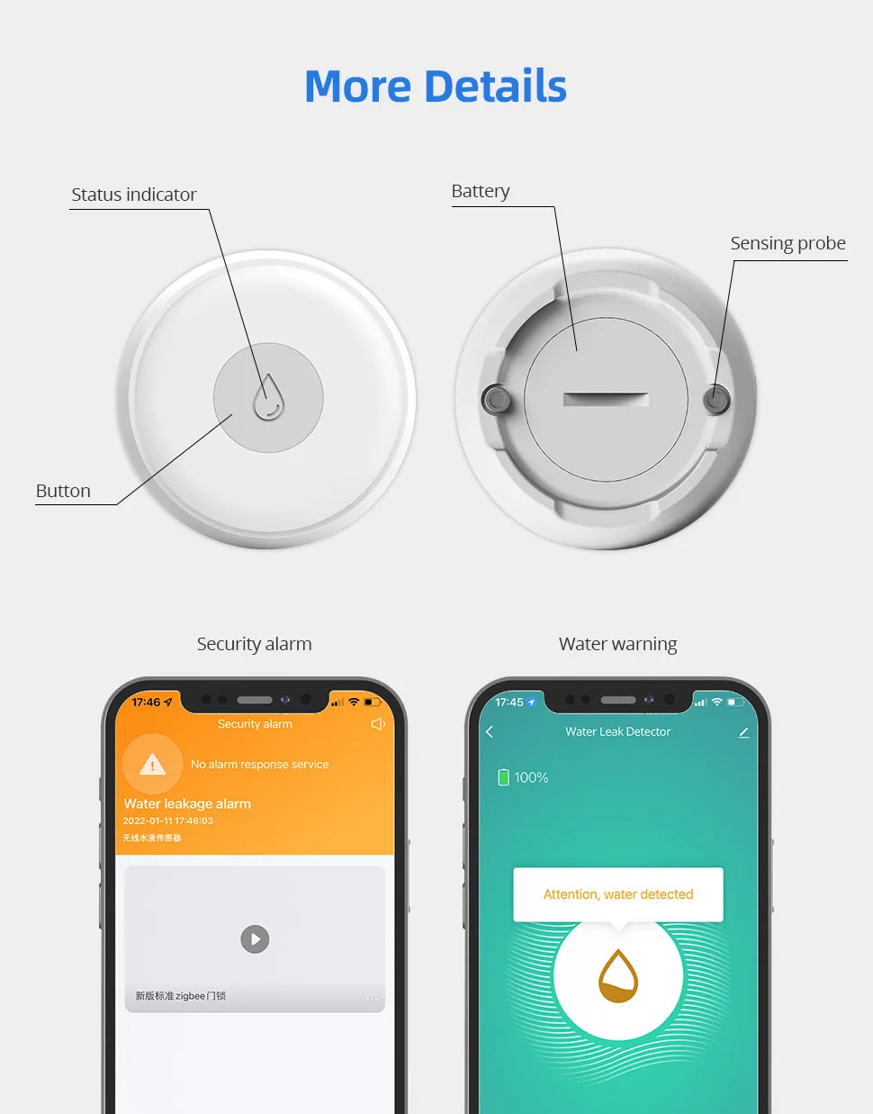 Zemismart Zigbee Water Leak Detector Smart Home Overflow Security Alarm Flood Leakage Sensor Work with Homekit via ZMHK-01
