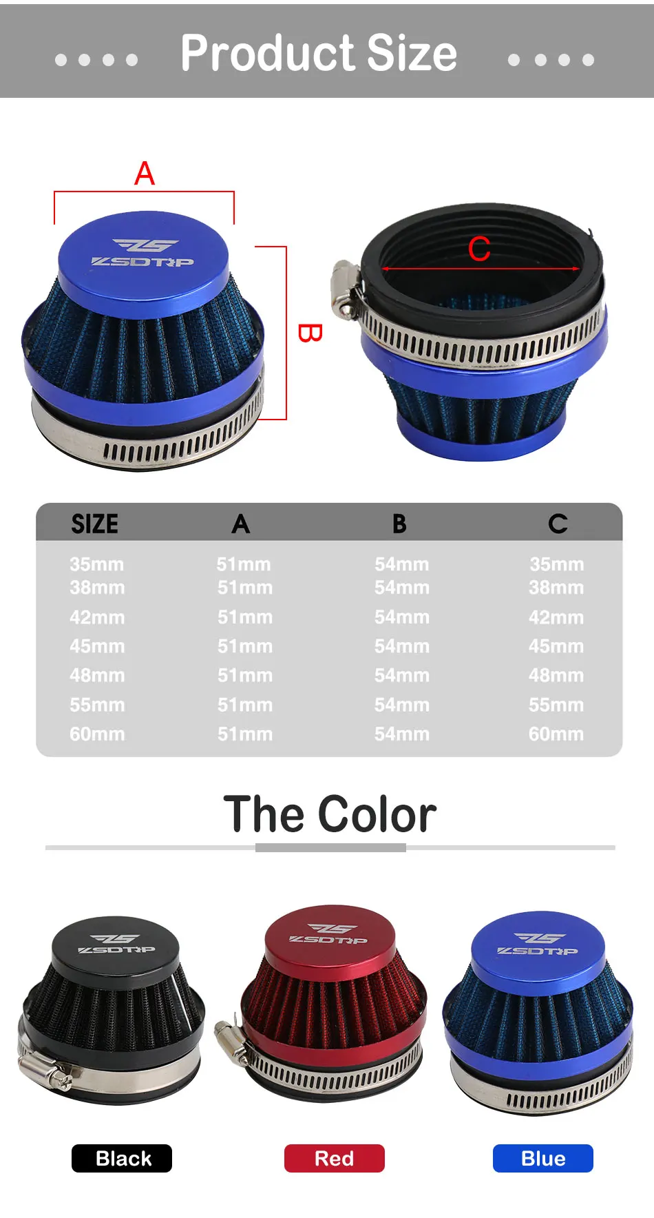 ZSDTRP Universal Carburetor Air Filter Cleaner 48mm 55mm 60mm Motorcycle Scooter For KEIHI KOSO MIKUNI OKO Carburetor