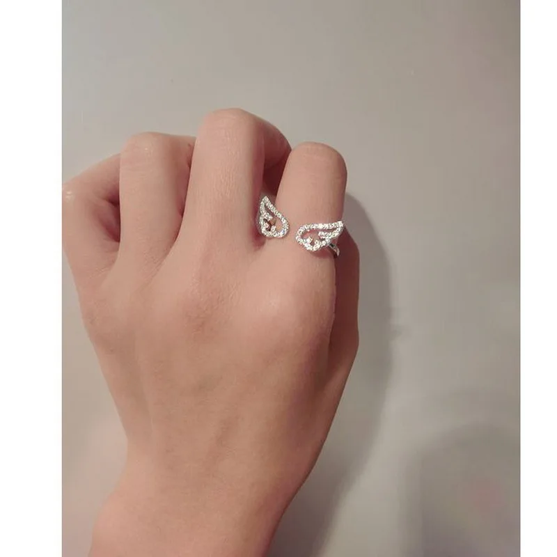Silver Color Angel Wings Ring Adjustable Micro Pave Zircon Joint Rings For Women Fashion Opening Rings Jewelry Female Lover Gift