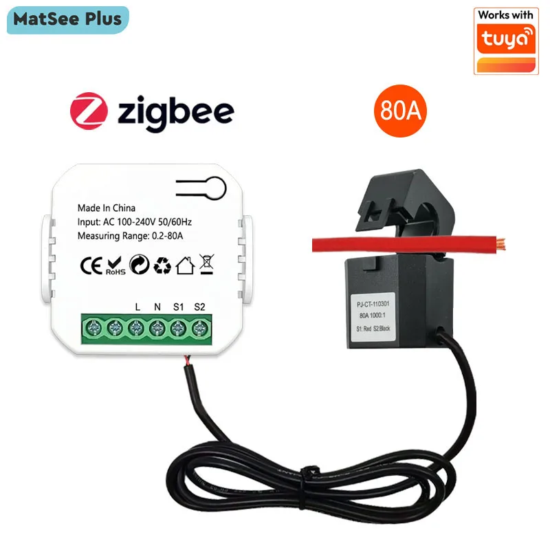 Smart ZigBee Energy Meter 80A with Current Sensor Clamp KWh Power Monitor Electricity Statistics110V 240V 50/60Hz Work with Tuya