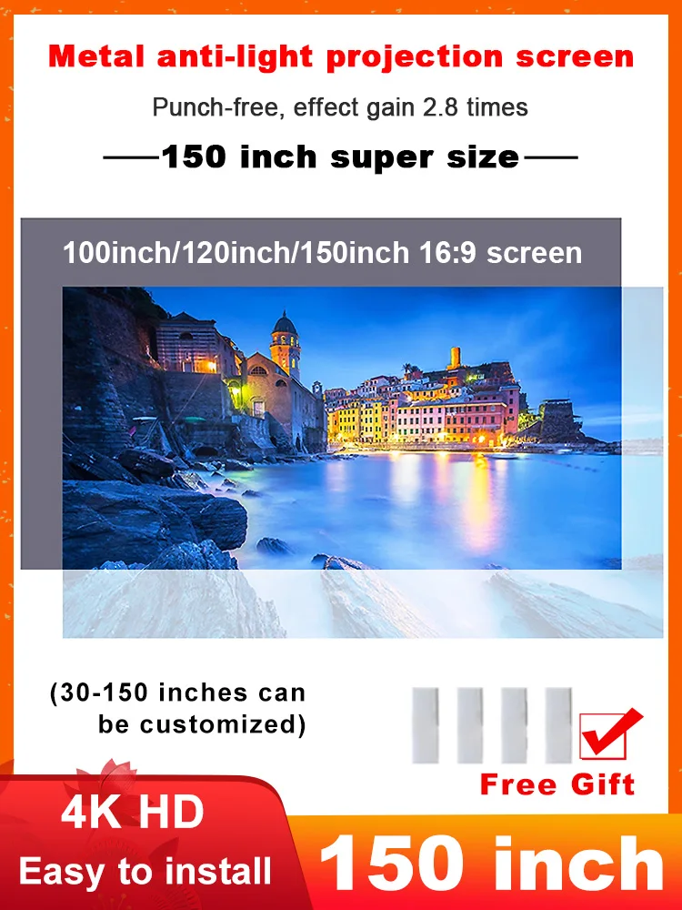 Portable Projector Screen High Brightness 16:9 Metal Anti Light Curtain 84 100 120 133 150 Inches Home Outdoor Office 4K