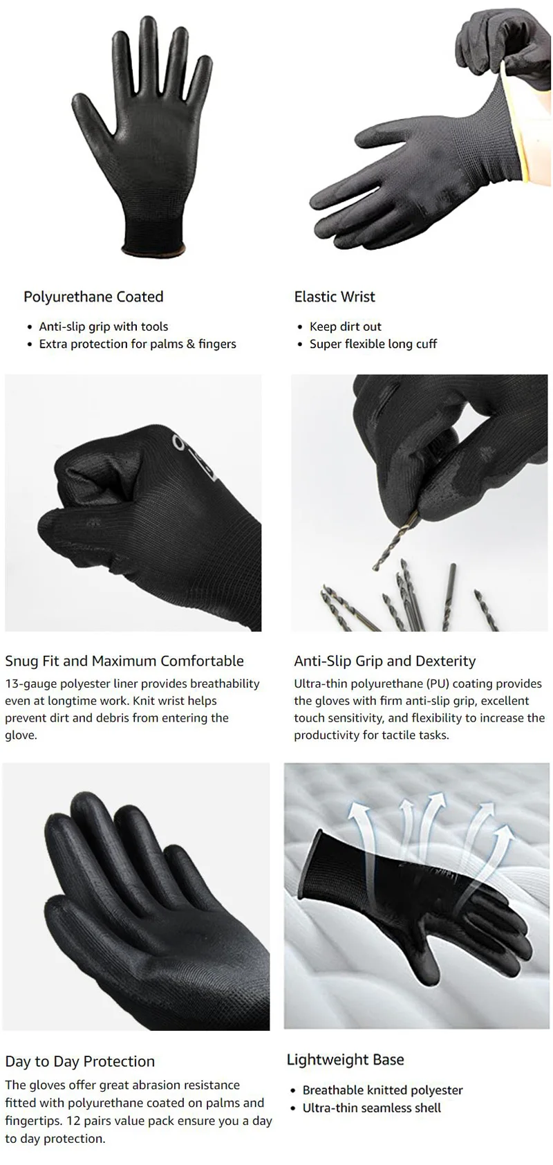 24Pieces/12 Pairs Safety Working Gloves Black Pu Nylon Cotton Glove Industrial Protective Work Gloves NMSafety Brand Supplier