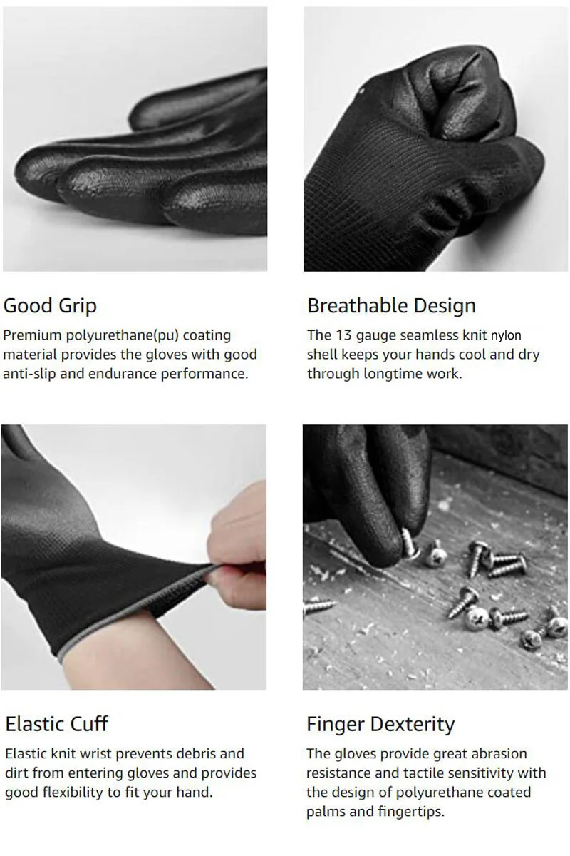 24Pieces/12 Pairs Safety Working Gloves Black Pu Nylon Cotton Glove Industrial Protective Work Gloves NMSafety Brand Supplier