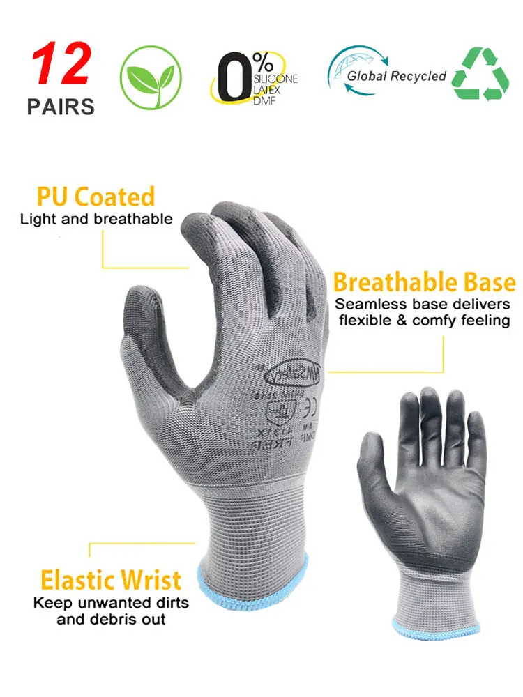 24Pieces/12 Pairs Safety Working Gloves Black Pu Nylon Cotton Glove Industrial Protective Work Gloves NMSafety Brand Supplier