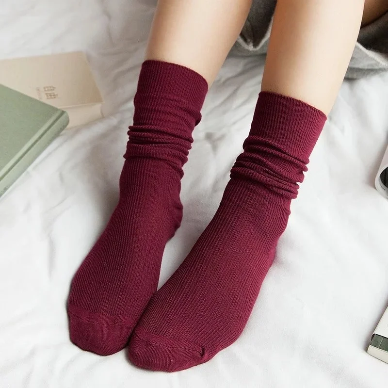 CHAOZHU Japanese Korea High School Girls High Socks Loose Solid Colors Double Needles Knitting Cotton Long Socks Women