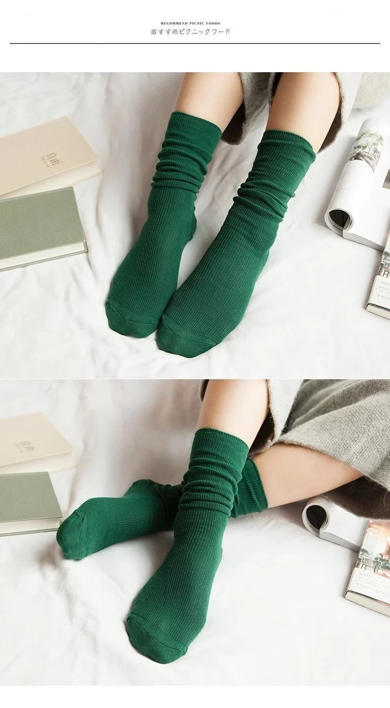 CHAOZHU Japanese Korea High School Girls High Socks Loose Solid Colors Double Needles Knitting Cotton Long Socks Women