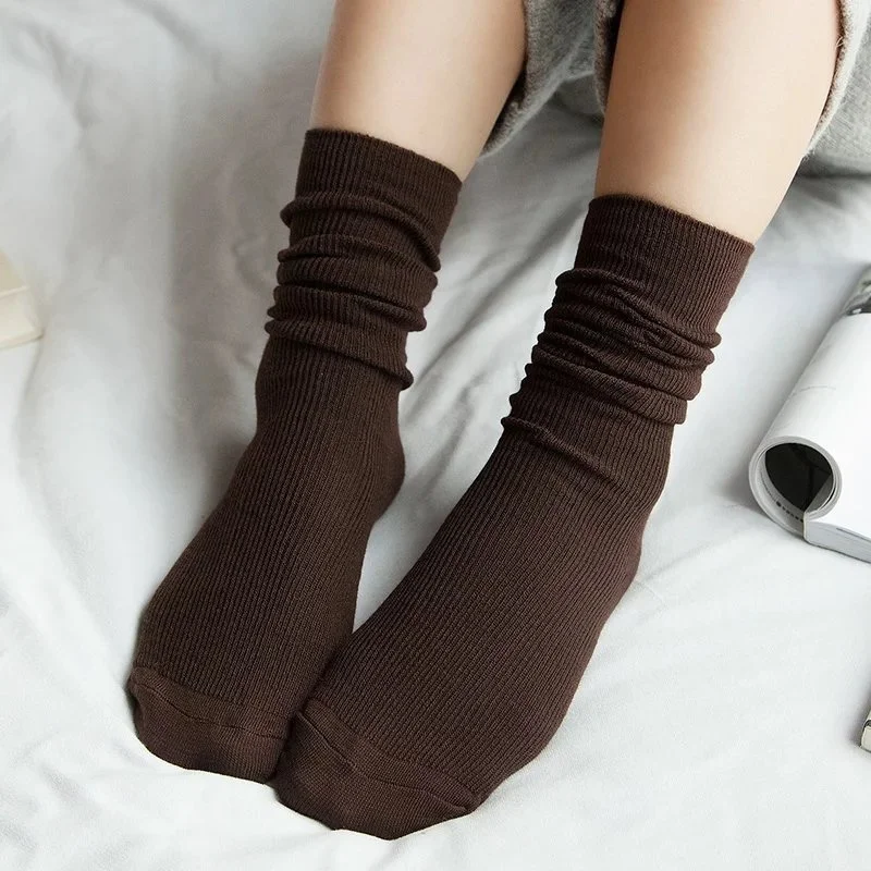 CHAOZHU Japanese Korea High School Girls High Socks Loose Solid Colors Double Needles Knitting Cotton Long Socks Women