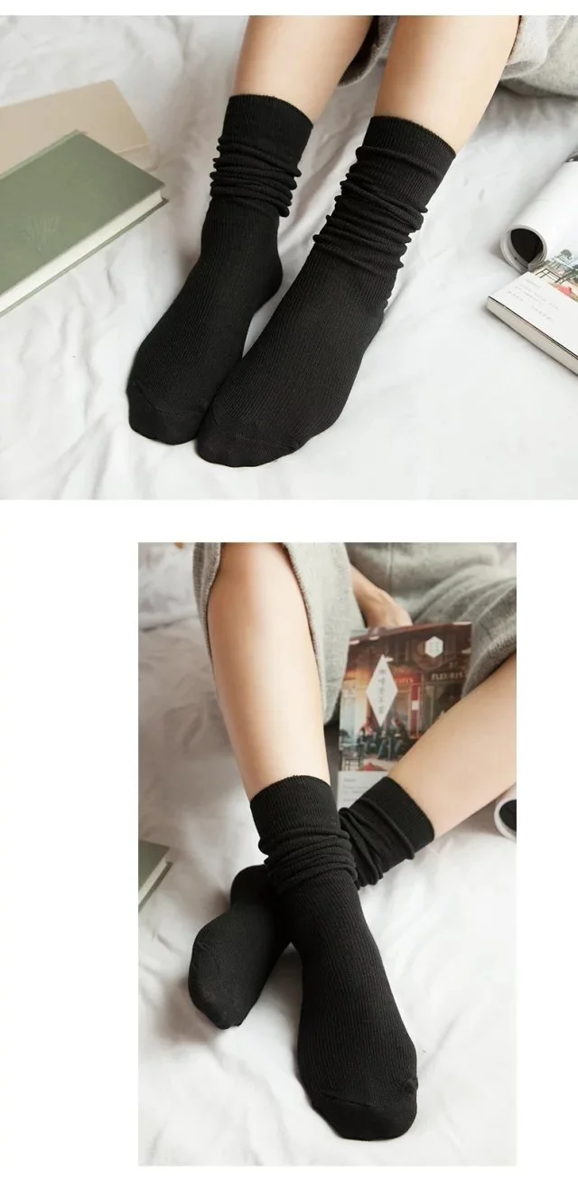 CHAOZHU Japanese Korea High School Girls High Socks Loose Solid Colors Double Needles Knitting Cotton Long Socks Women