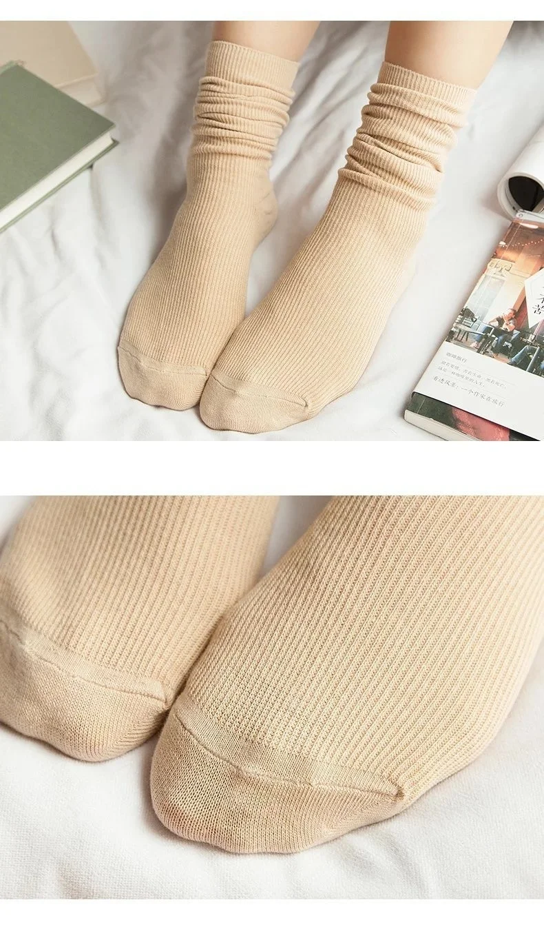 CHAOZHU Japanese Korea High School Girls High Socks Loose Solid Colors Double Needles Knitting Cotton Long Socks Women
