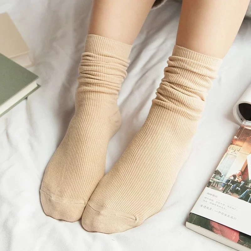 CHAOZHU Japanese Korea High School Girls High Socks Loose Solid Colors Double Needles Knitting Cotton Long Socks Women