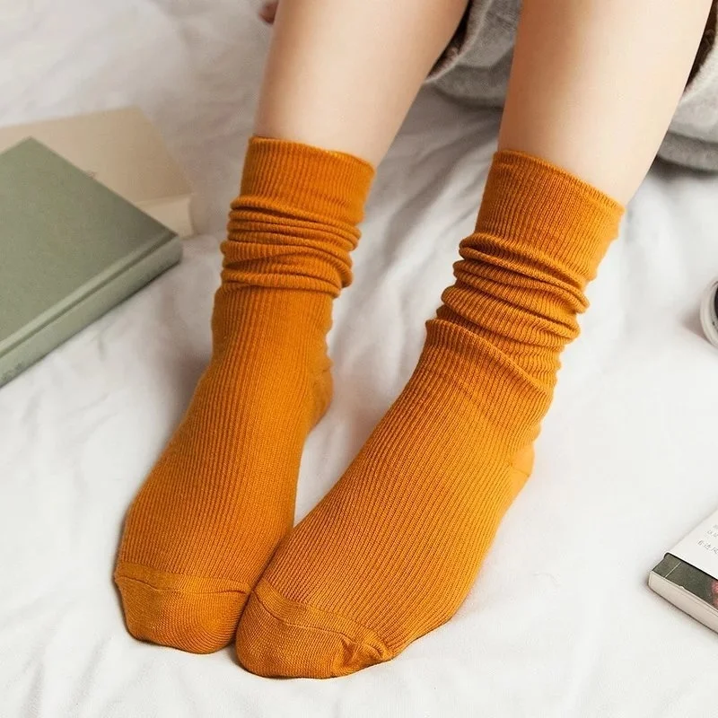 CHAOZHU Japanese Korea High School Girls High Socks Loose Solid Colors Double Needles Knitting Cotton Long Socks Women