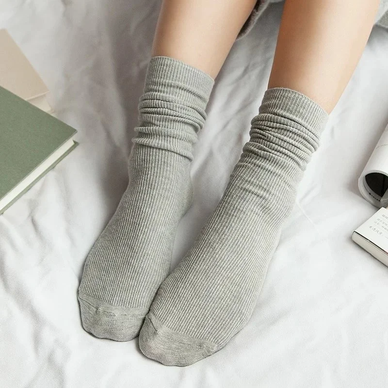 CHAOZHU Japanese Korea High School Girls High Socks Loose Solid Colors Double Needles Knitting Cotton Long Socks Women