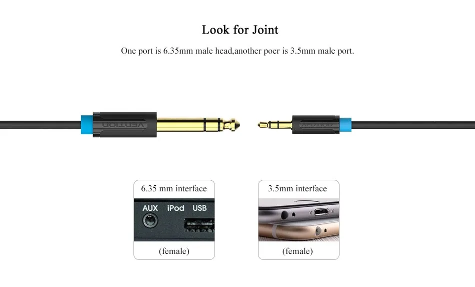 Vention 3.5mm to 6.35mm Adapter Aux Cable for Mixer Amplifier Gold Plated 3.5 Jack to 6.5 Jack 0.5m 3m 5m Aux Cabo Male to Male