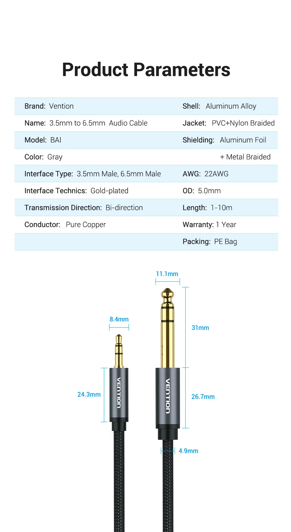 Vention 3.5mm to 6.35mm Adapter Aux Cable for Mixer Amplifier Gold Plated 3.5 Jack to 6.5 Jack 0.5m 3m 5m Aux Cabo Male to Male