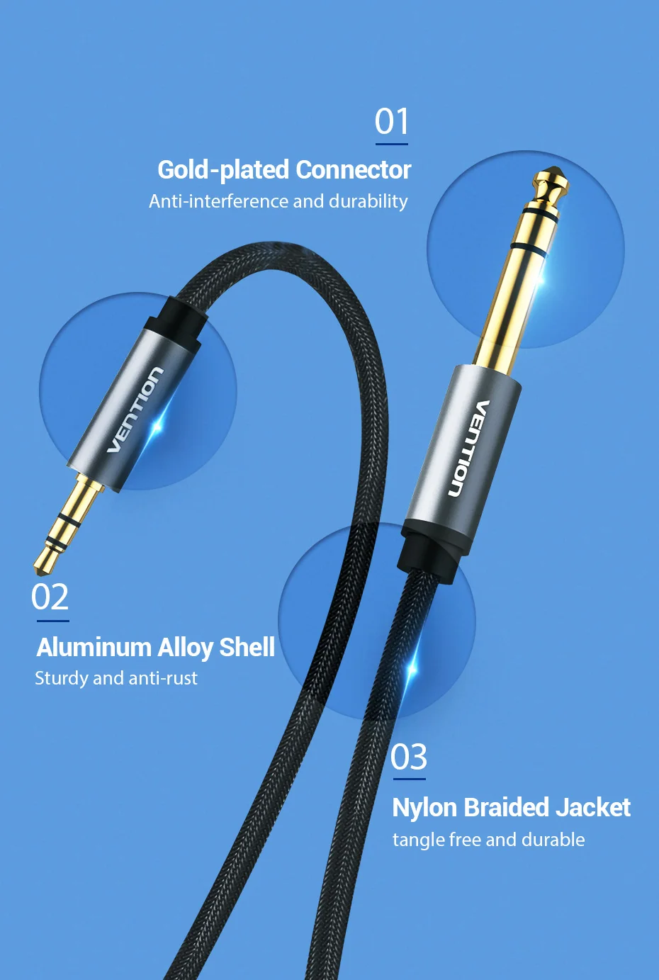 Vention 3.5mm to 6.35mm Adapter Aux Cable for Mixer Amplifier Gold Plated 3.5 Jack to 6.5 Jack 0.5m 3m 5m Aux Cabo Male to Male