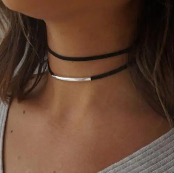 2019 New Fashion Bending Tube Velvet Choker Necklace Double Layer Style Torque Black Short Leather Necklace Charm Collier Femme