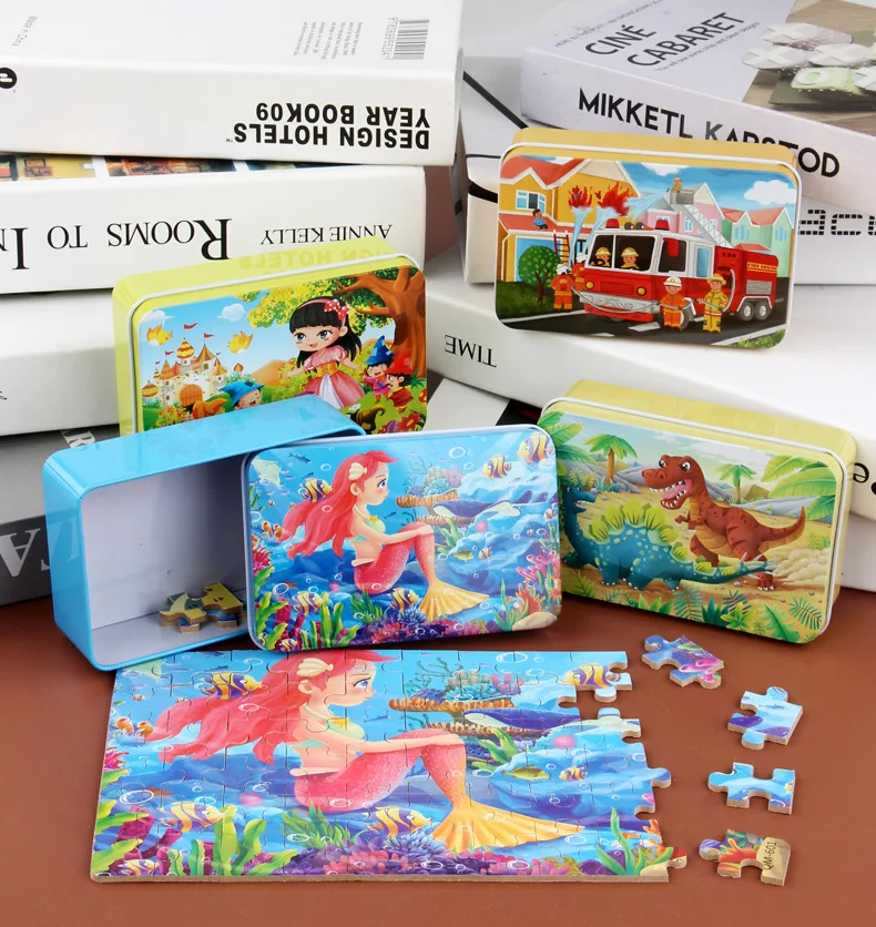 60pcs Jigsaw Cartoon Puzzle With Metal Box, Children's Early Education Animal Vehicle Puzzle, Parent-Child Interaction Game