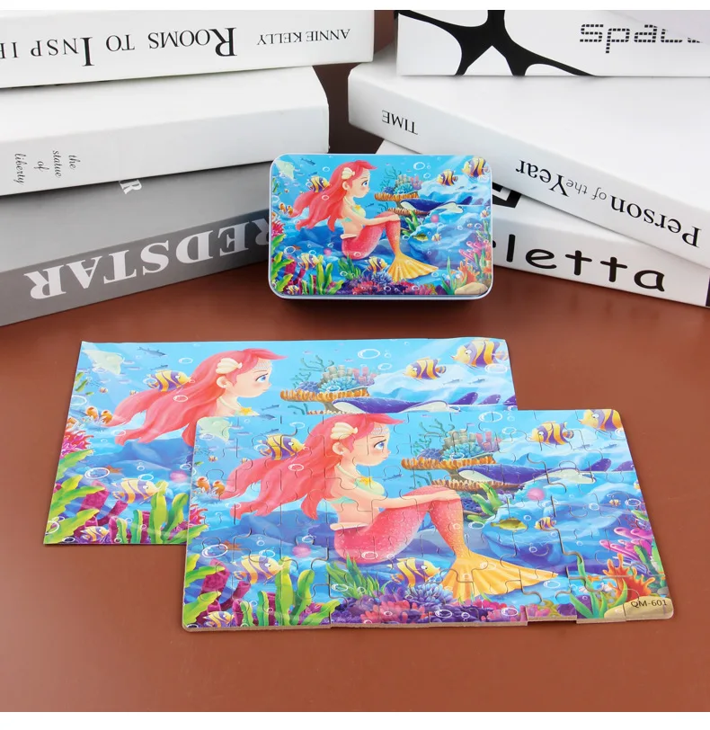 60pcs Jigsaw Cartoon Puzzle With Metal Box, Children's Early Education Animal Vehicle Puzzle, Parent-Child Interaction Game