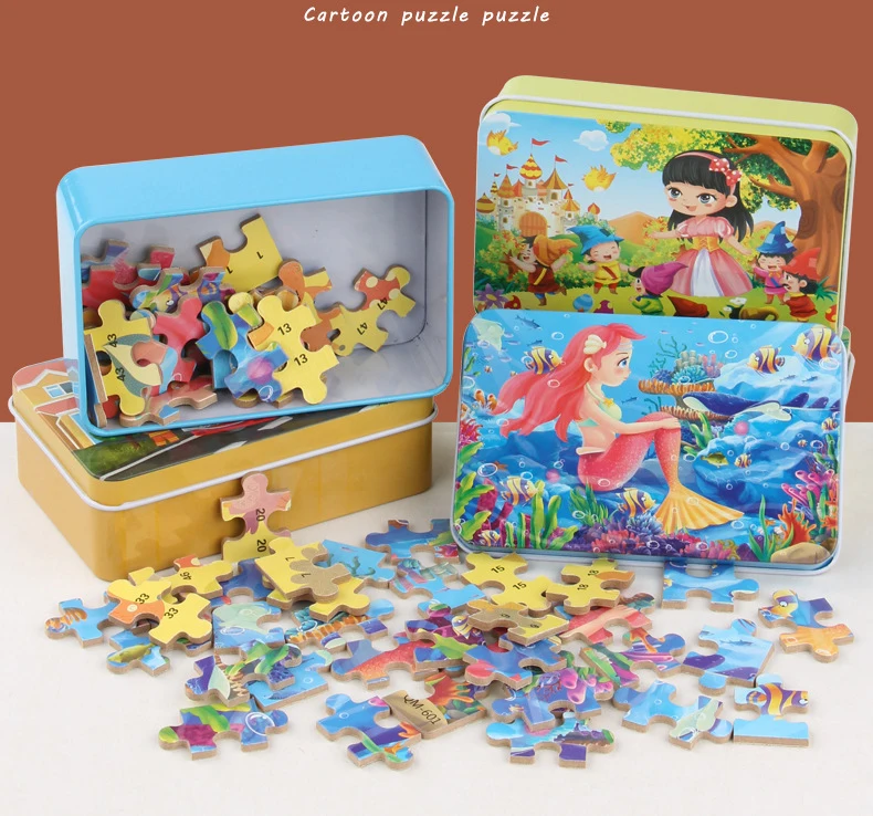 60pcs Jigsaw Cartoon Puzzle With Metal Box, Children's Early Education Animal Vehicle Puzzle, Parent-Child Interaction Game