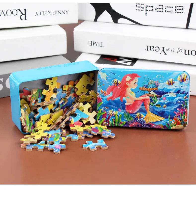 60pcs Jigsaw Cartoon Puzzle With Metal Box, Children's Early Education Animal Vehicle Puzzle, Parent-Child Interaction Game