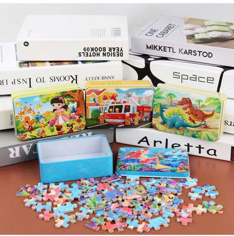 60pcs Jigsaw Cartoon Puzzle With Metal Box, Children's Early Education Animal Vehicle Puzzle, Parent-Child Interaction Game