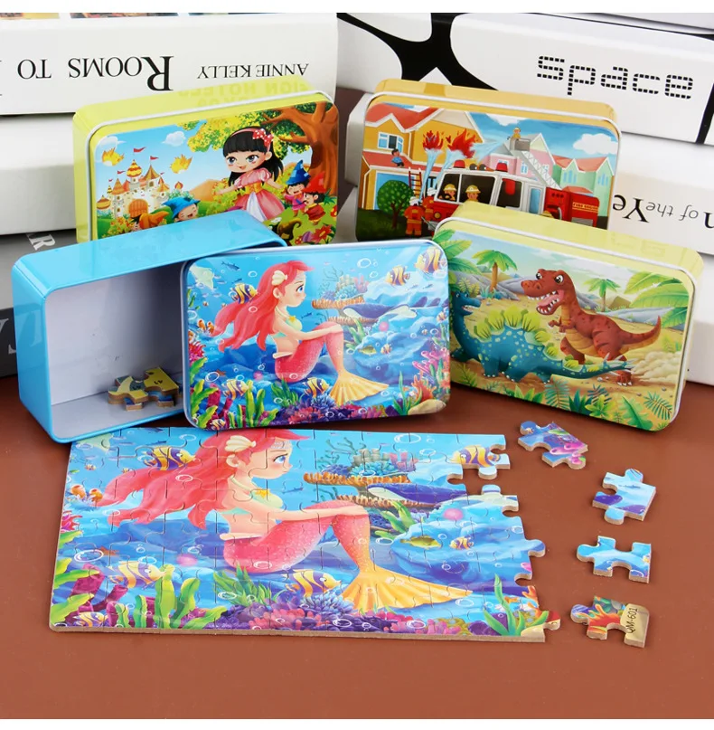 60pcs Jigsaw Cartoon Puzzle With Metal Box, Children's Early Education Animal Vehicle Puzzle, Parent-Child Interaction Game