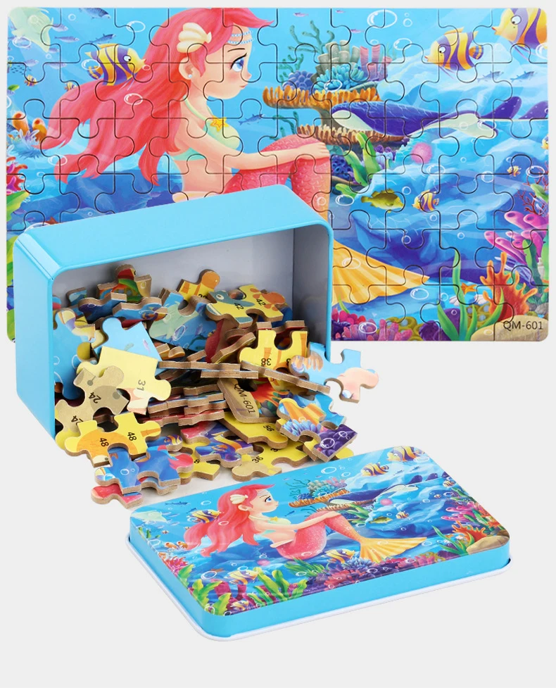 60pcs Jigsaw Cartoon Puzzle With Metal Box, Children's Early Education Animal Vehicle Puzzle, Parent-Child Interaction Game