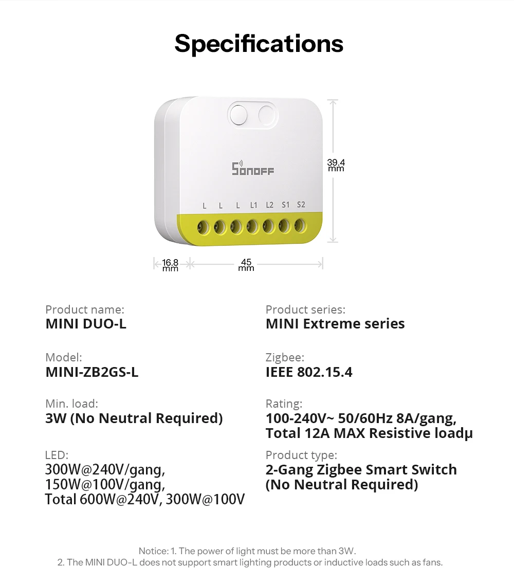 SONOFF MINI-ZB2GS-L Zigbee Protocol No Neutral Required MINI DUO-L 2-Gang Zigbee Smart Switch Dual Channel Control With ZB Hubs