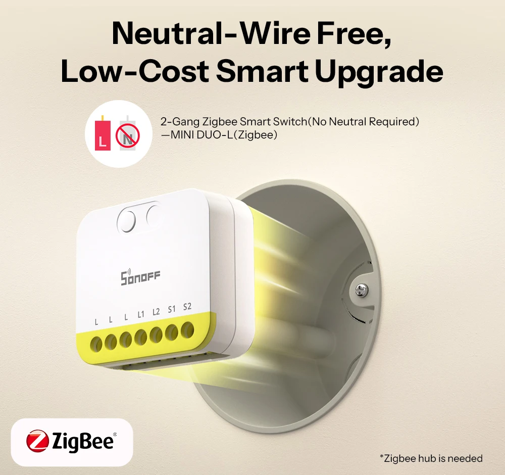 SONOFF MINI-ZB2GS-L Zigbee Protocol No Neutral Required MINI DUO-L 2-Gang Zigbee Smart Switch Dual Channel Control With ZB Hubs