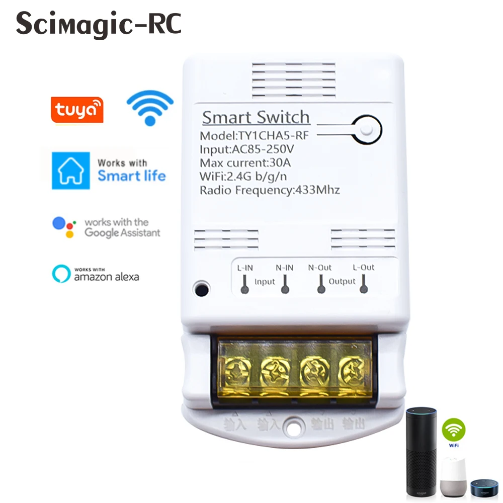 5PCS Tuya Smart Life Wireless Smart Home Wifi Relay Switch AC 85-250V 30A 4000W RF Module Receiver Timer Self-locking Jog Relay
