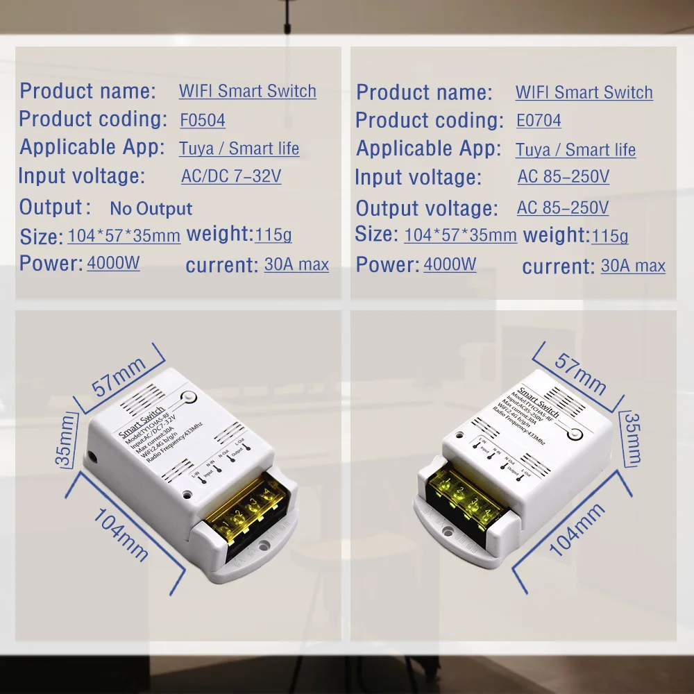 5PCS Tuya Smart Life Wireless Smart Home Wifi Relay Switch AC 85-250V 30A 4000W RF Module Receiver Timer Self-locking Jog Relay