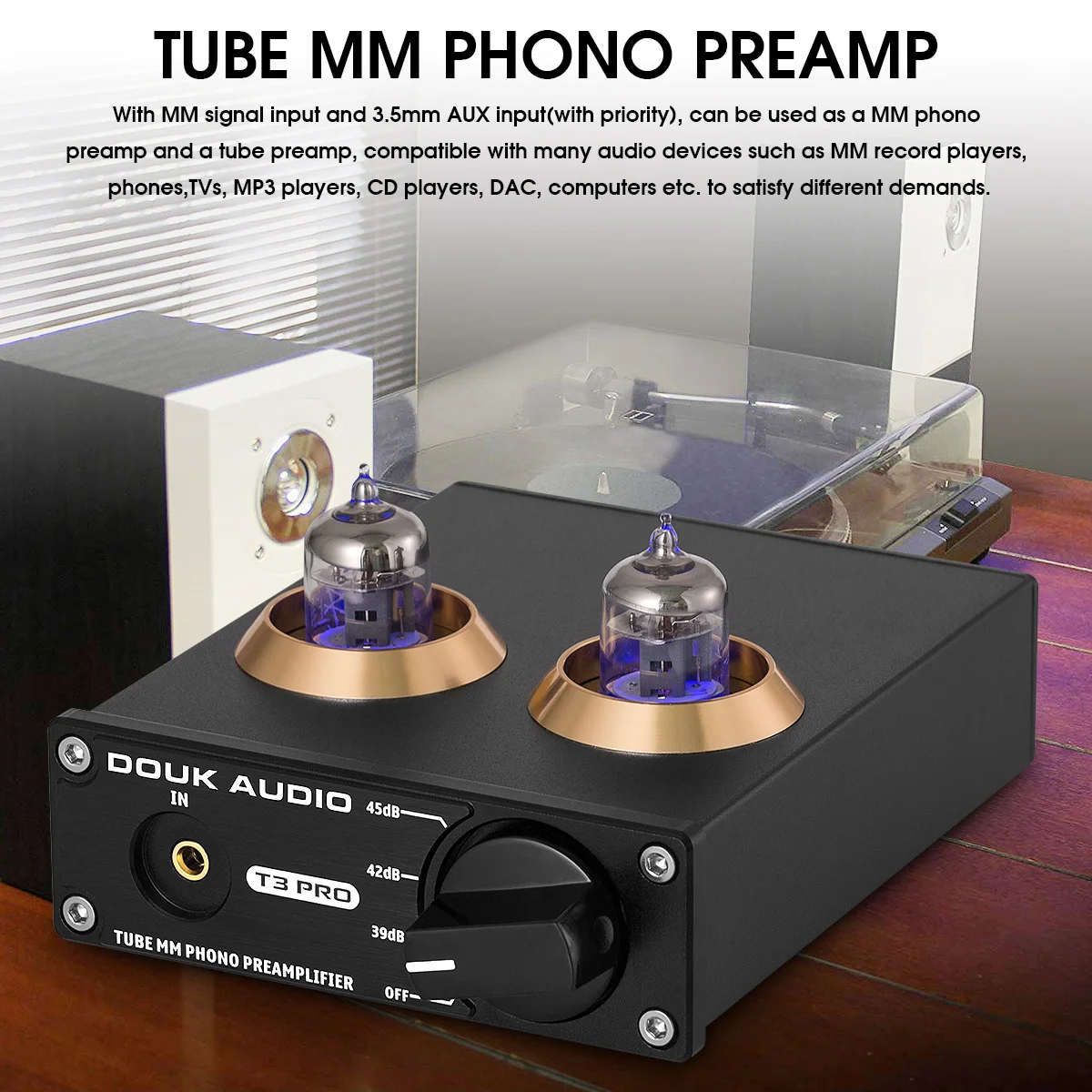 Douk Audio T3 PRO Mini MM RIAA Phono Turntable Preamp Line Level Amp HiFi Stereo RCA Valve Tube Desktop Preamplifier