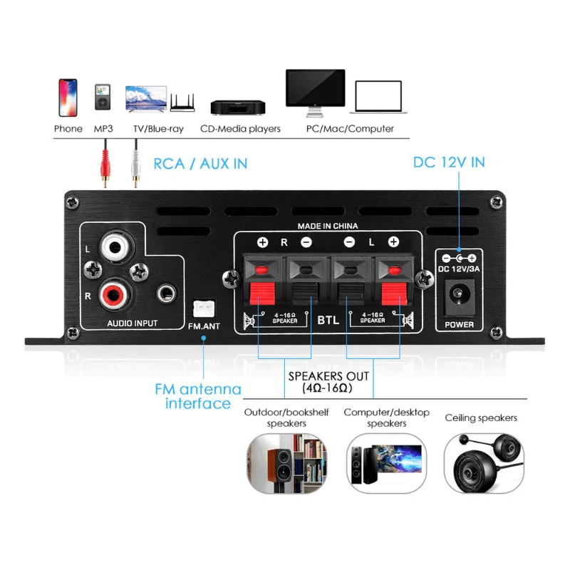 AK35 AK380 800W Home Power Amplifiers 2 Channel Bluetooth 5.0 Surround Sound FM USB Remote Control Mini HIFI Digital Amplifier