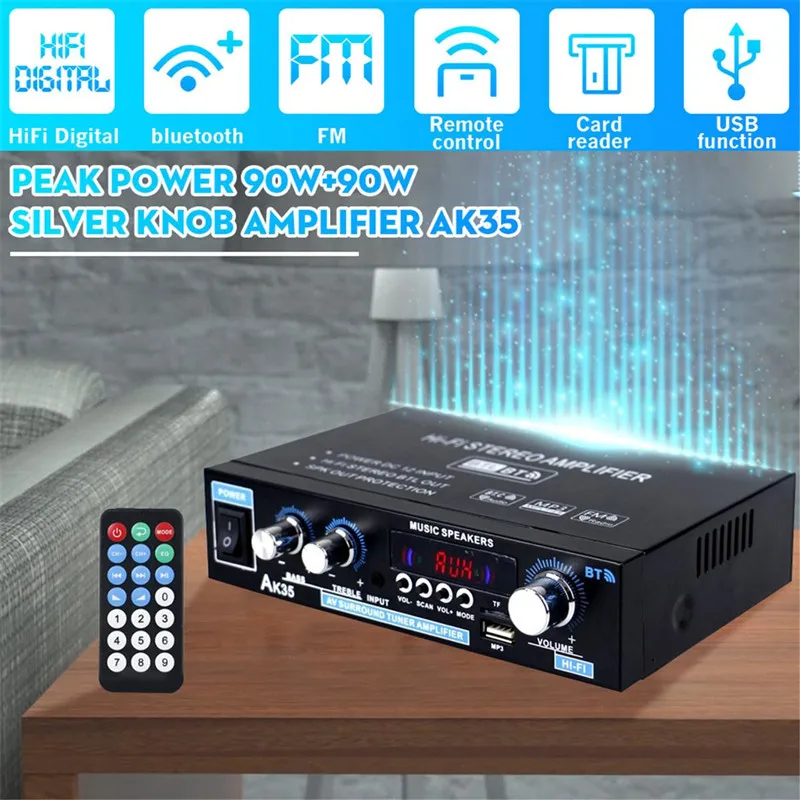 AK35 AK380 800W Home Power Amplifiers 2 Channel Bluetooth 5.0 Surround Sound FM USB Remote Control Mini HIFI Digital Amplifier