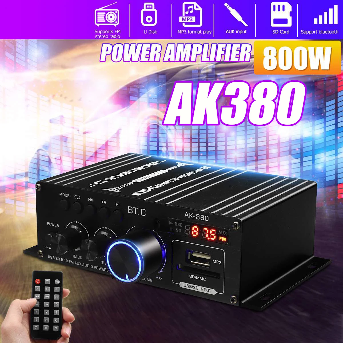 AK35 AK380 800W Home Power Amplifiers 2 Channel Bluetooth 5.0 Surround Sound FM USB Remote Control Mini HIFI Digital Amplifier