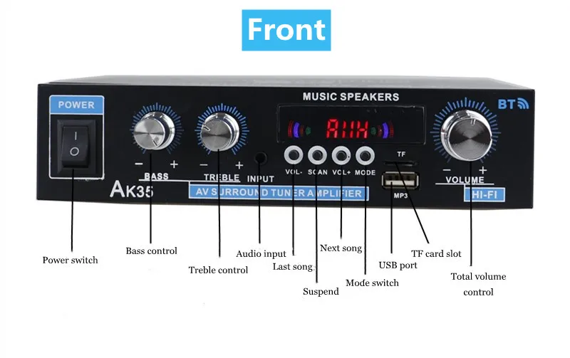 AK35 AK380 800W Home Power Amplifiers 2 Channel Bluetooth 5.0 Surround Sound FM USB Remote Control Mini HIFI Digital Amplifier