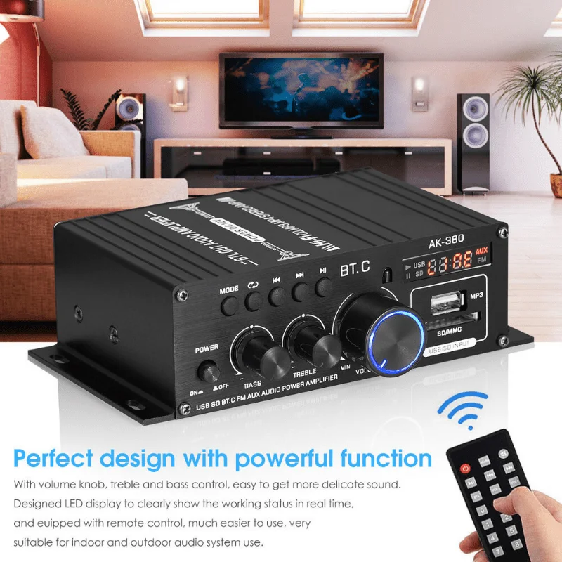 AK35 AK380 800W Home Power Amplifiers 2 Channel Bluetooth 5.0 Surround Sound FM USB Remote Control Mini HIFI Digital Amplifier