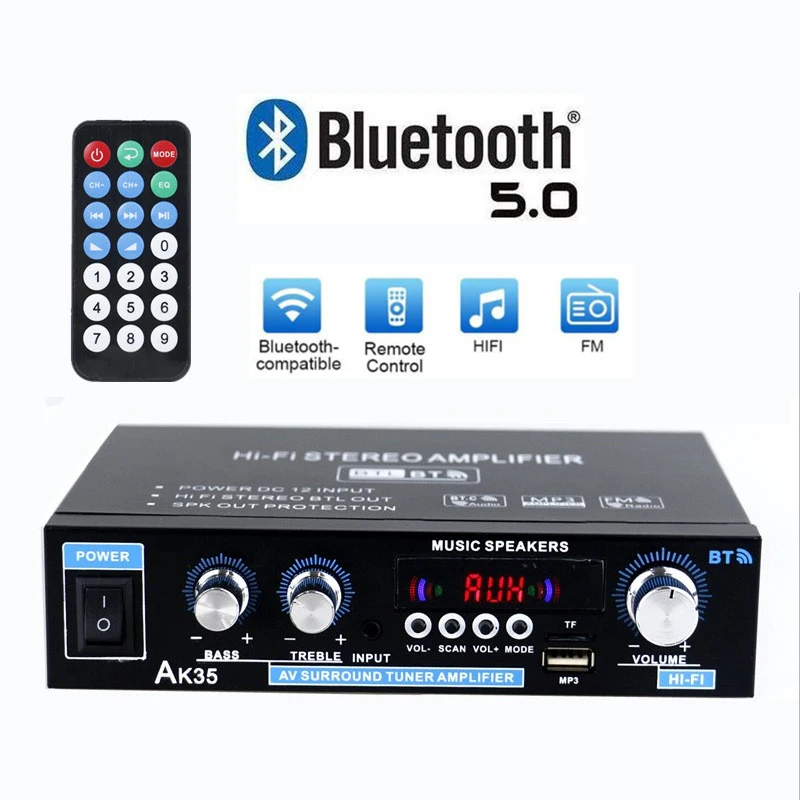 AK35 AK380 800W Home Power Amplifiers 2 Channel Bluetooth 5.0 Surround Sound FM USB Remote Control Mini HIFI Digital Amplifier