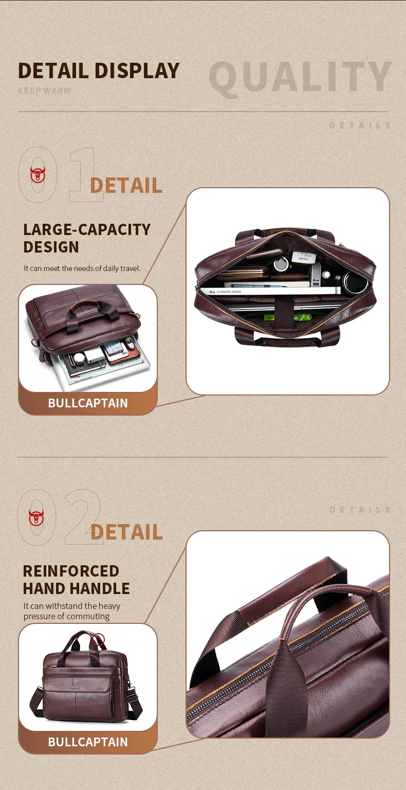 BULLCAPTAIN Men's Bag Genuine Leather Men Briefcase for Laptop 14 Messenger Men's Leather Bag Business Portfolio for Document A4
