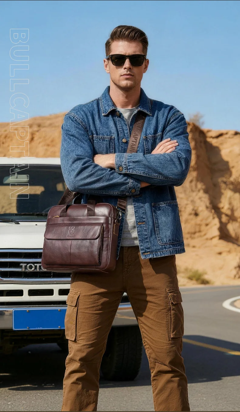 BULLCAPTAIN Men's Bag Genuine Leather Men Briefcase for Laptop 14 Messenger Men's Leather Bag Business Portfolio for Document A4