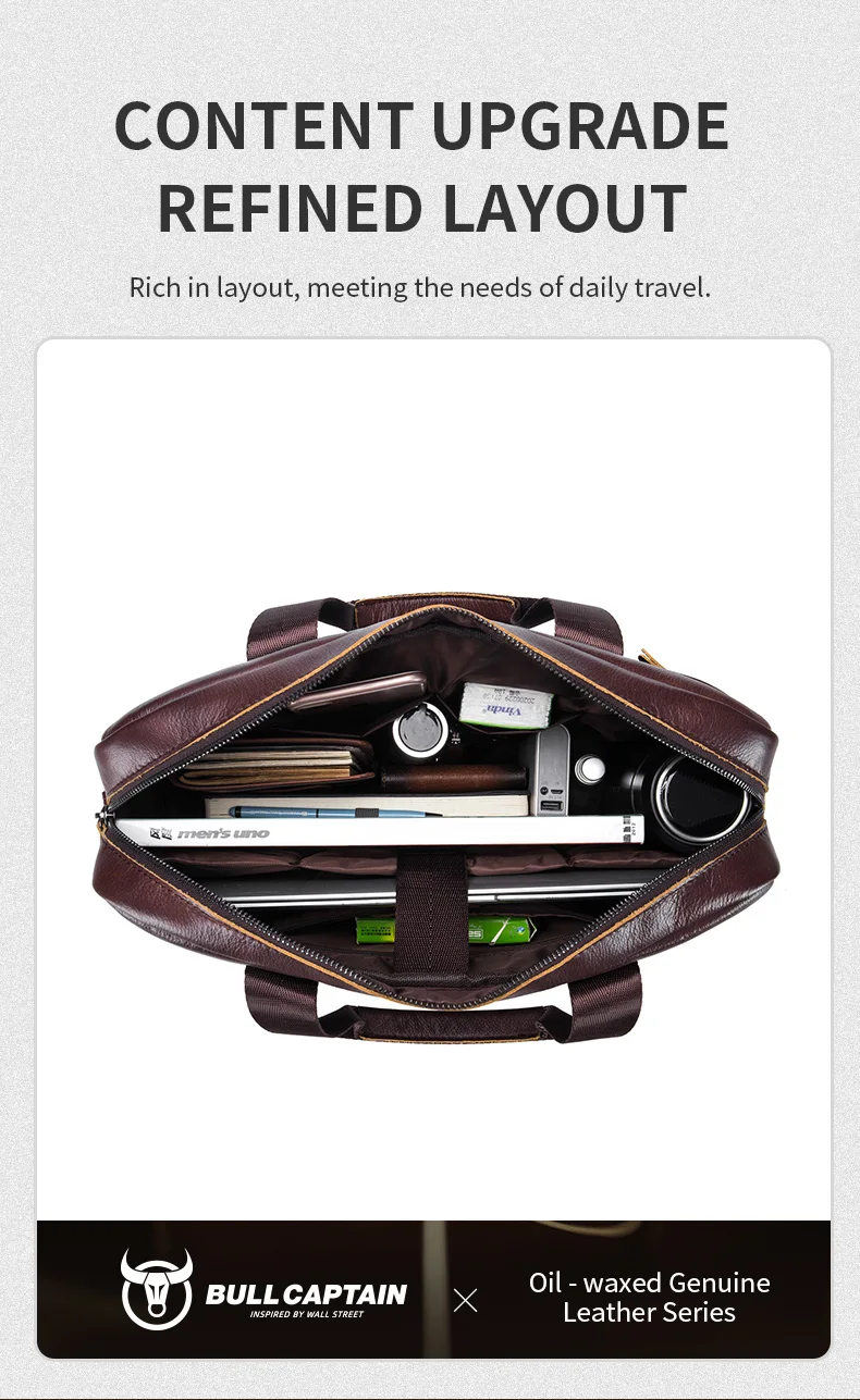 BULLCAPTAIN Men's Bag Genuine Leather Men Briefcase for Laptop 14 Messenger Men's Leather Bag Business Portfolio for Document A4