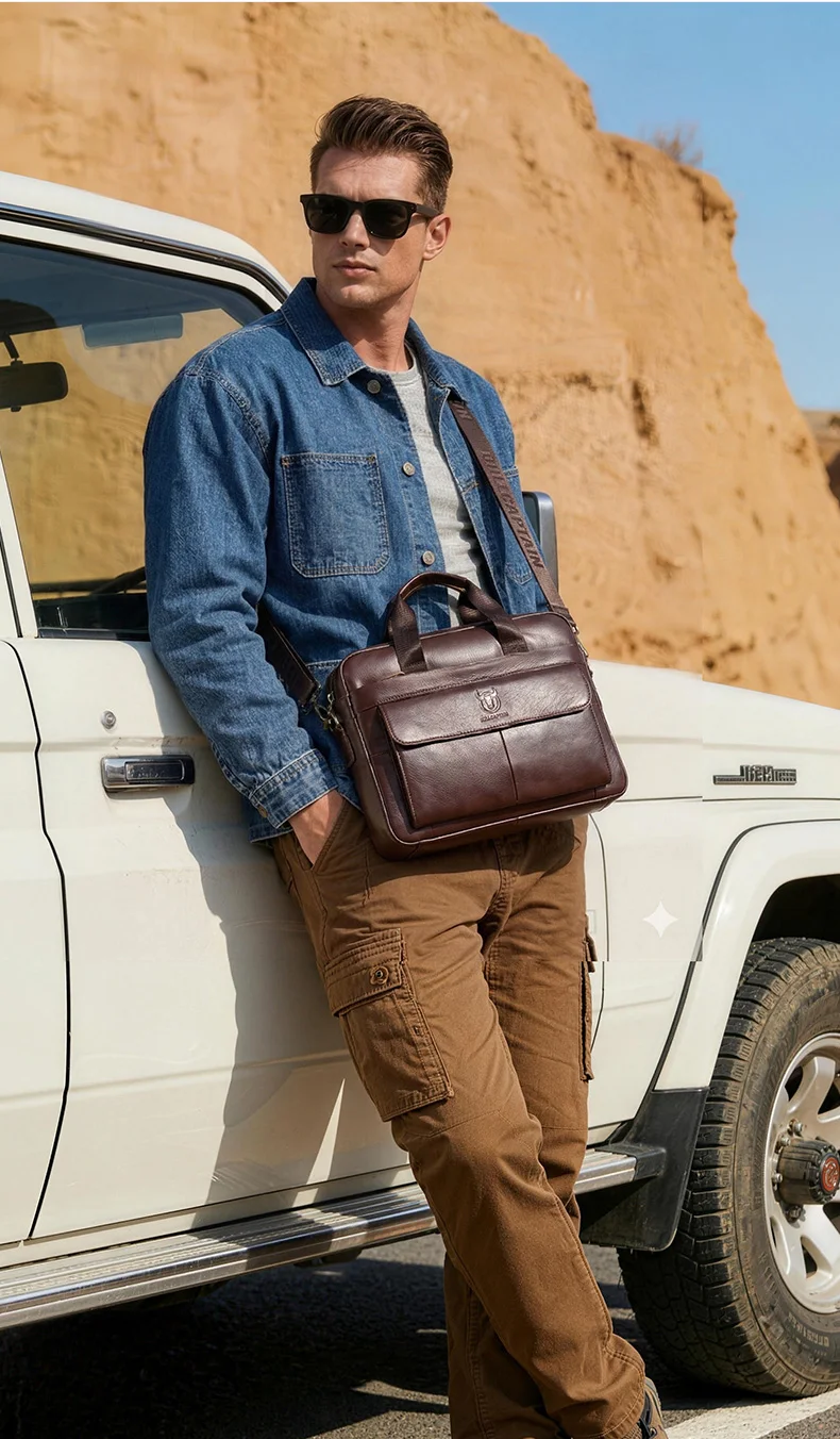 BULLCAPTAIN Men's Bag Genuine Leather Men Briefcase for Laptop 14 Messenger Men's Leather Bag Business Portfolio for Document A4