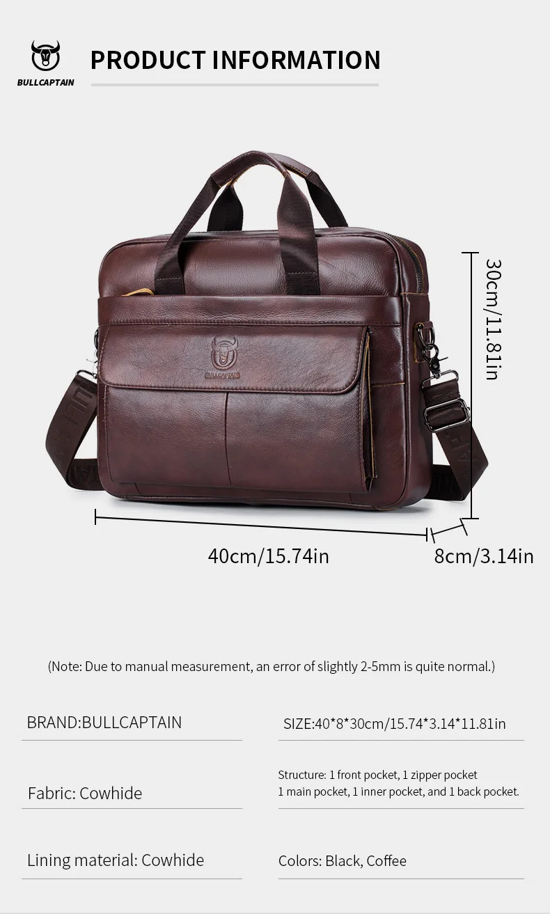 BULLCAPTAIN Men's Bag Genuine Leather Men Briefcase for Laptop 14 Messenger Men's Leather Bag Business Portfolio for Document A4