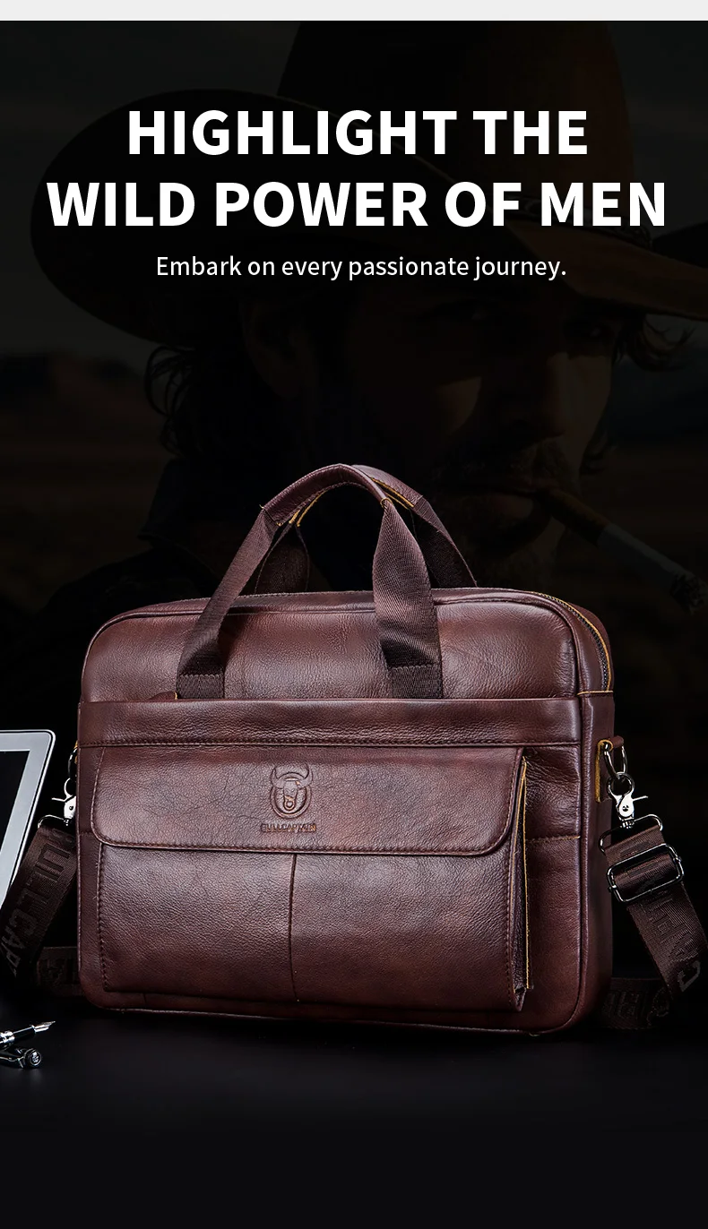 BULLCAPTAIN Men's Bag Genuine Leather Men Briefcase for Laptop 14 Messenger Men's Leather Bag Business Portfolio for Document A4