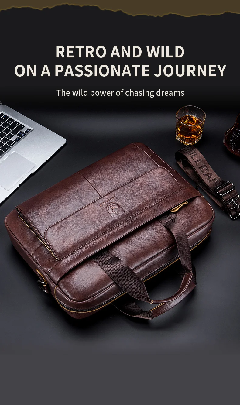 BULLCAPTAIN Men's Bag Genuine Leather Men Briefcase for Laptop 14 Messenger Men's Leather Bag Business Portfolio for Document A4