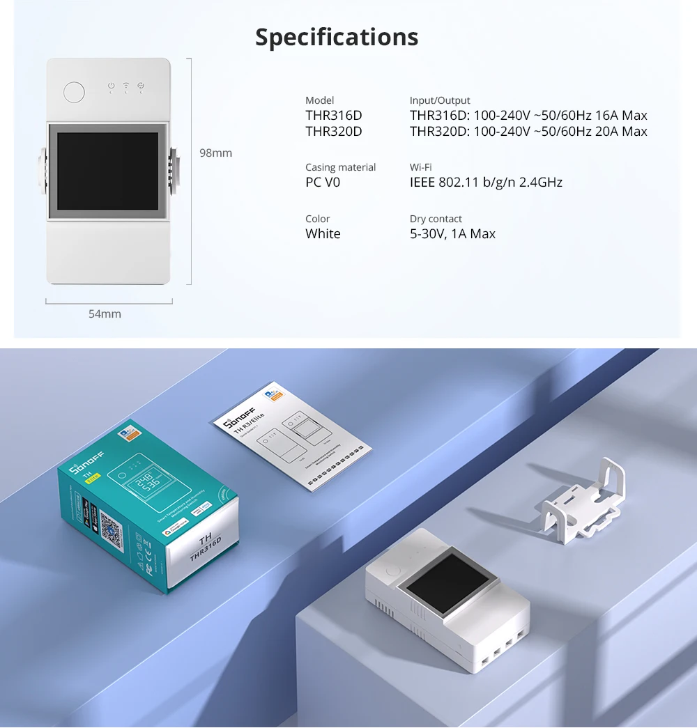 SONOFF THR316D/THR320D Temperature Humidity Smart Switch 16A/20A Dry Contact Output LCD Screen Monitoring via eWeLink Alexa