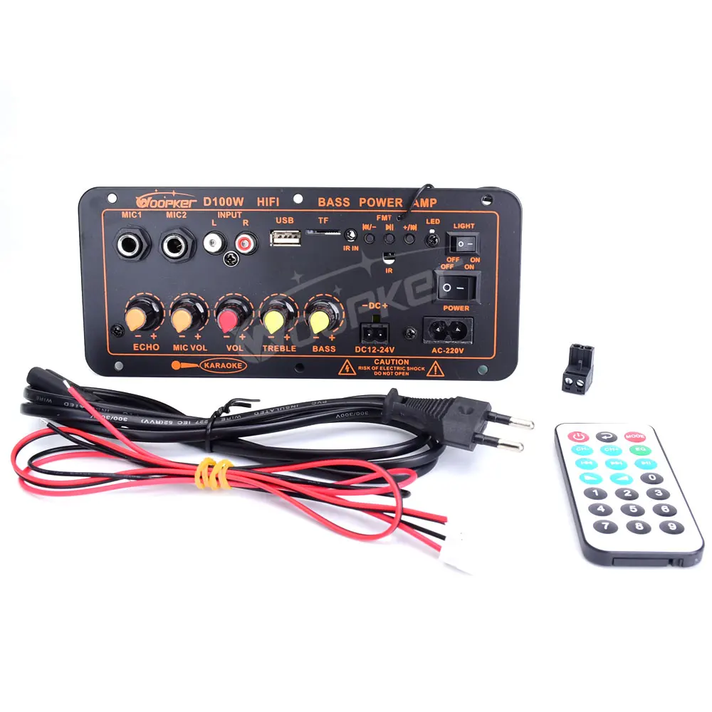 Woopker 300W Bluetooth Audio Amplifier Board D100 Subwoofer Dual Microphone AMP Module 12V 24V 220V Medie Player