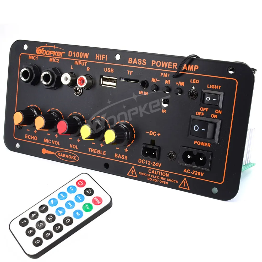 Woopker 300W Bluetooth Audio Amplifier Board D100 Subwoofer Dual Microphone AMP Module 12V 24V 220V Medie Player